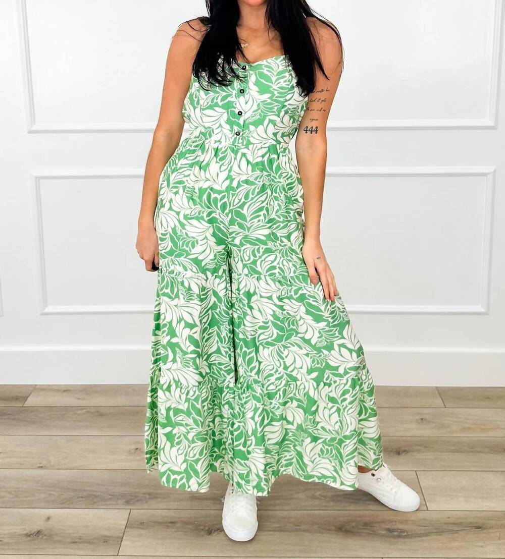 NEW IN FEBRUARY airy floral leaf print jumpsuit in green